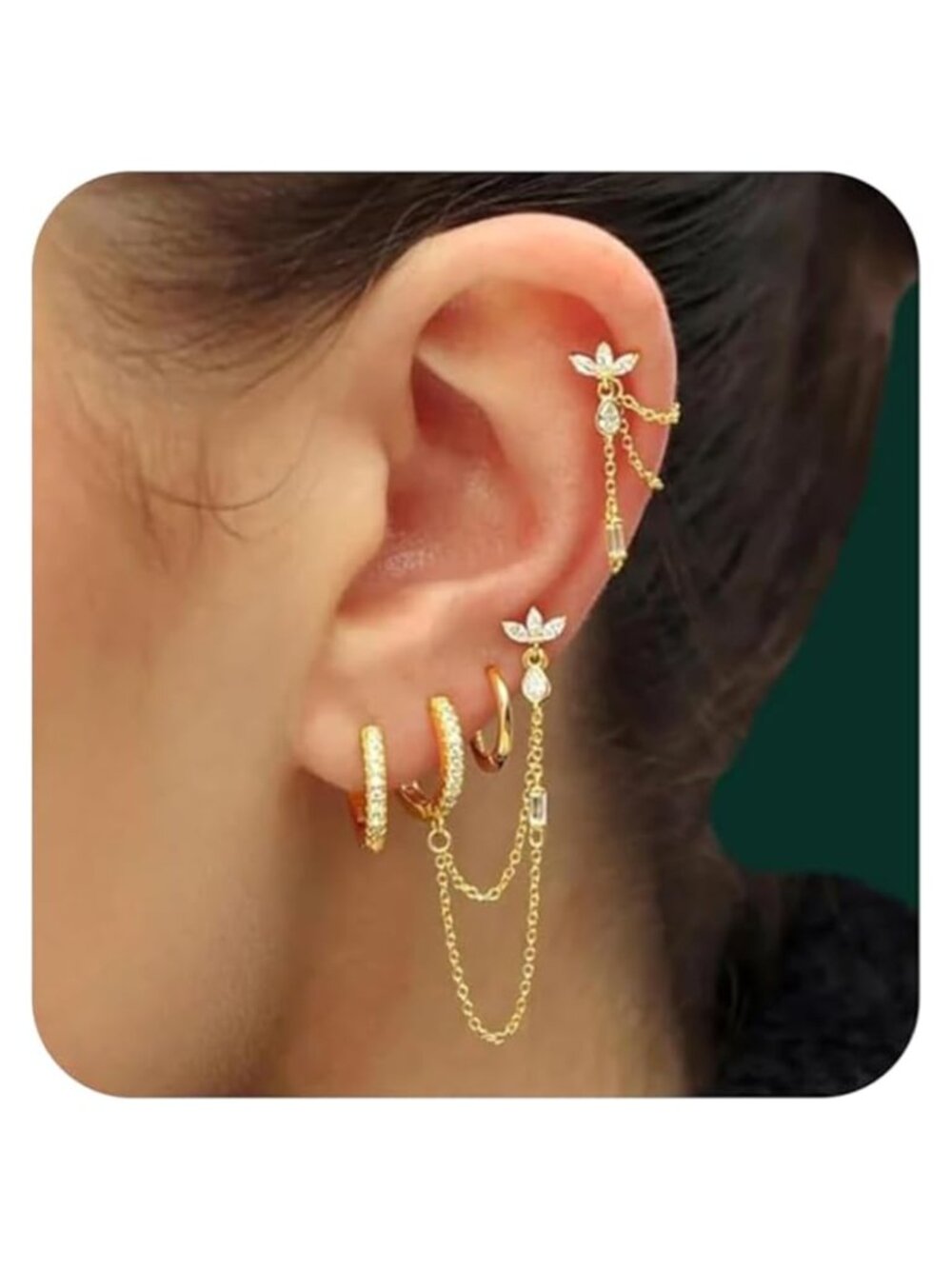 Gold Plated Brass Earring Stack Set CZ Huggies Hoops Dangle Chains 6 Pc
